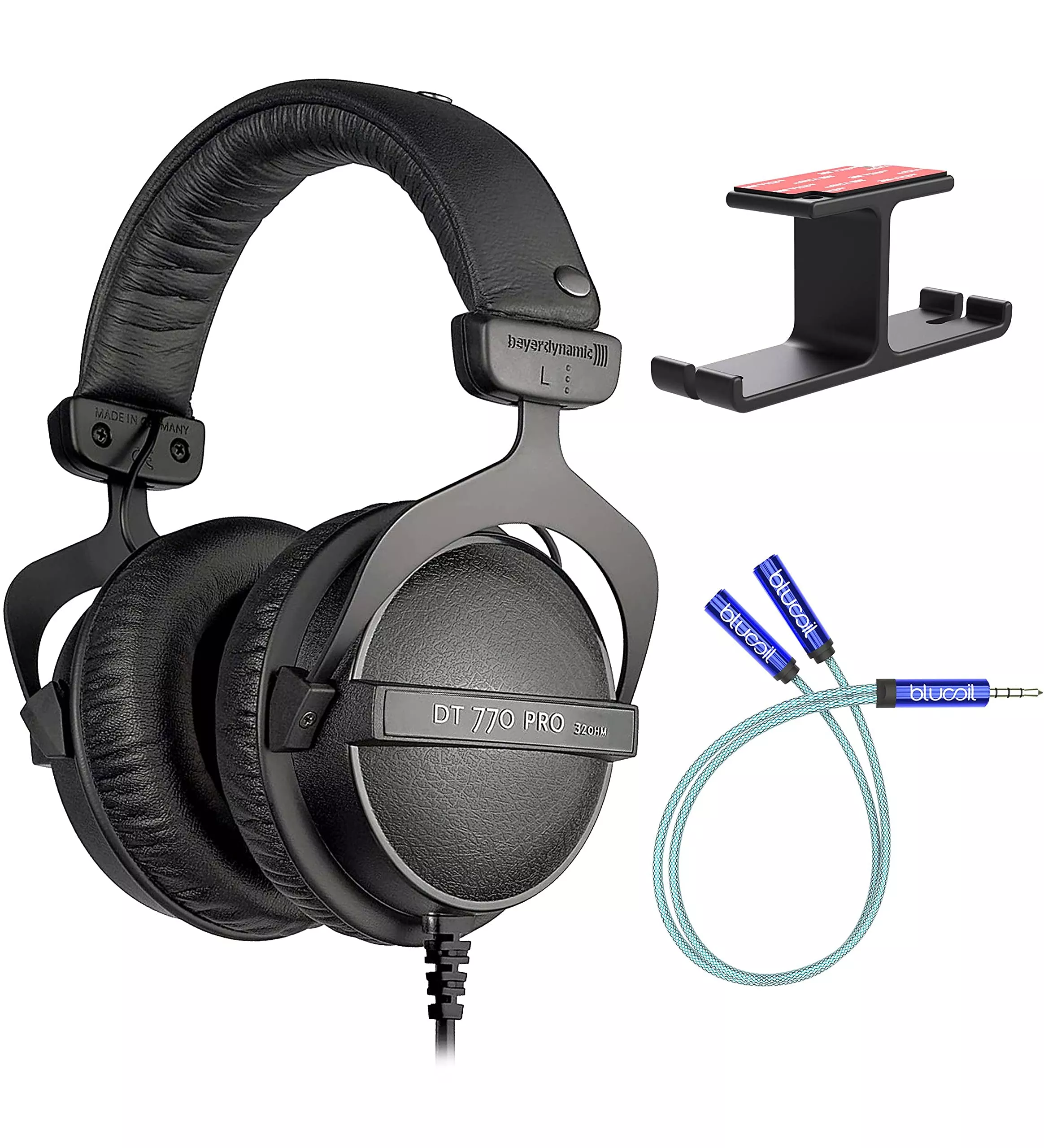 Beyerdynamic DT 770 PRO 32 Ohm Over-Ear Studio Headphones in Black for Computers and Mobile Phones Bundle with Blucoil Aluminum Dual Suspension Headphone Hanger, and Y Splitter Cable for Audio and Mic