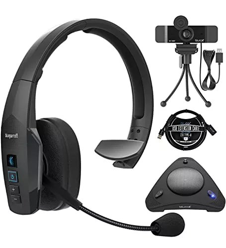 BlueParrott B450-XT Noise Cancelling Bluetooth Headset for iOS & Android Bundle with Blucoil 1080p USB Webcam for Windows & Mac, USB Conference Speakerphone, and 3-FT USB 2.0 Type-A Extension Cable